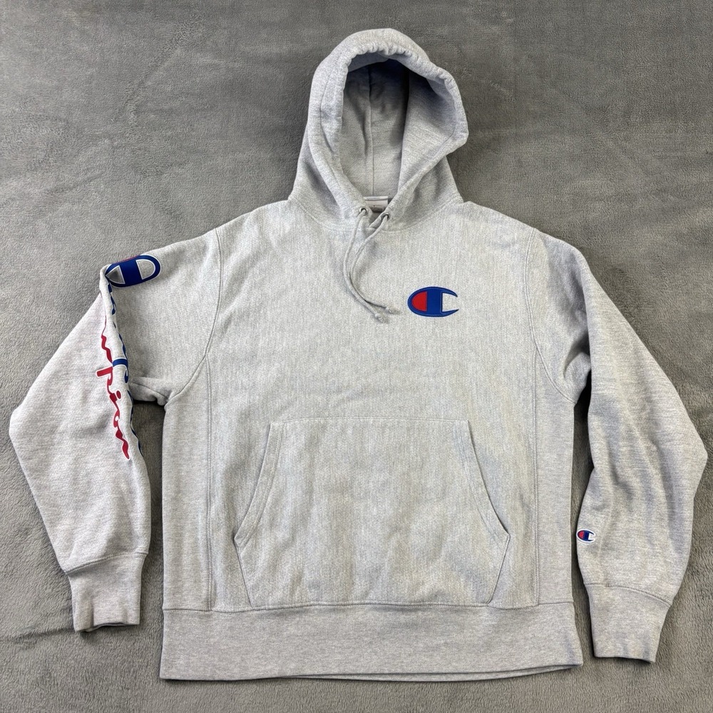 Champion Reverse Weave Hoodie Embroidered Sleeve Logo Gray Size M Fleece Lined
